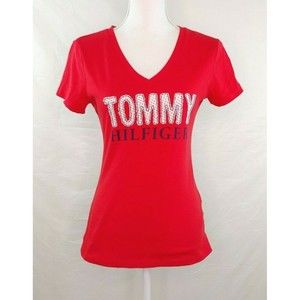 Tommy Hilfiger Womens Top Sz Small Red Short Sleeve V Neck Spell Out Distressed